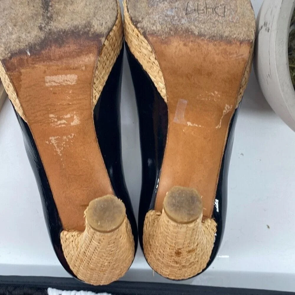 Stuart Weitzman Women's Patent Leather Criss Cross Pump Heel Black Tan Size 8.5M